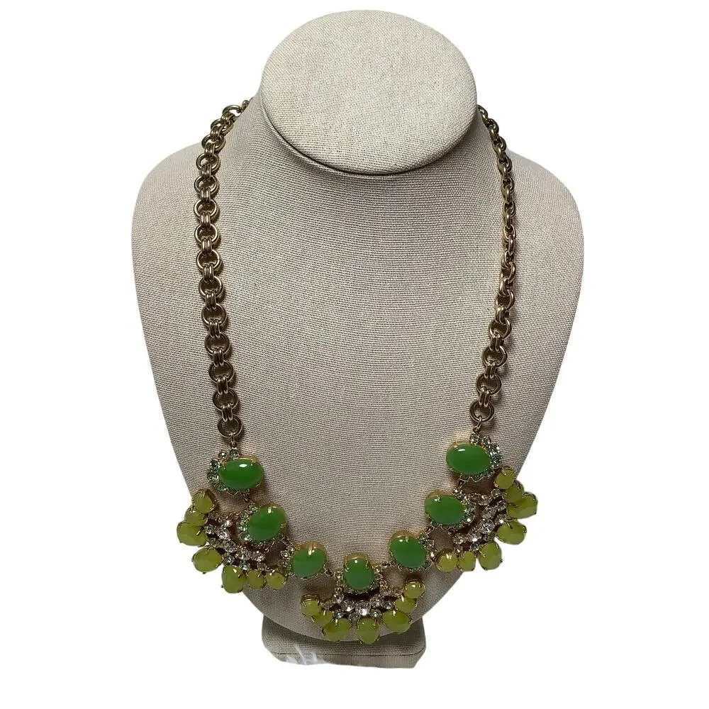 J. Crew Gold Green Faux Jade Rhinestone Crystal Bib Statement Necklace F15-11